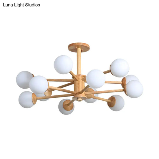 Contemporary Wooden Starburst Chandelier With White Glass Ball Shades - 6/8/12 Lights