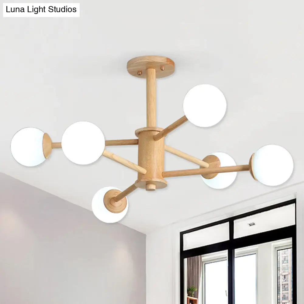 Contemporary Wooden Starburst Chandelier With Glass Ball Shade - Natural Wood Finish 6/8/12 Lights