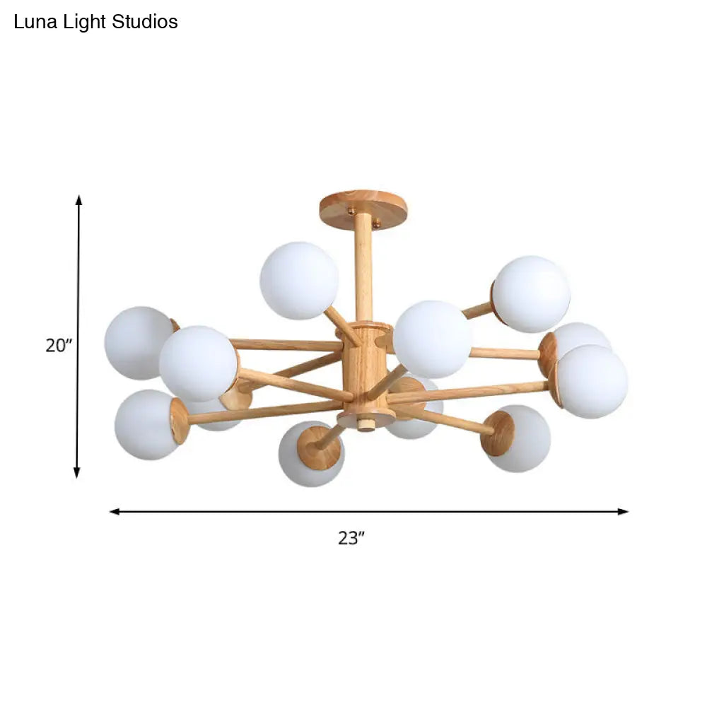 Contemporary Wooden Starburst Chandelier With White Glass Ball Shades - 6/8/12 Lights