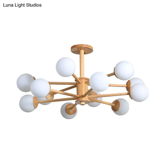 Contemporary Wooden Starburst Chandelier With Glass Ball Shade - Natural Wood Finish 6/8/12 Lights