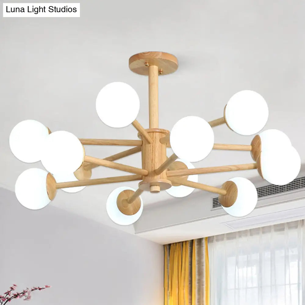 Contemporary Wooden Starburst Chandelier With White Glass Ball Shades - 6/8/12 Lights