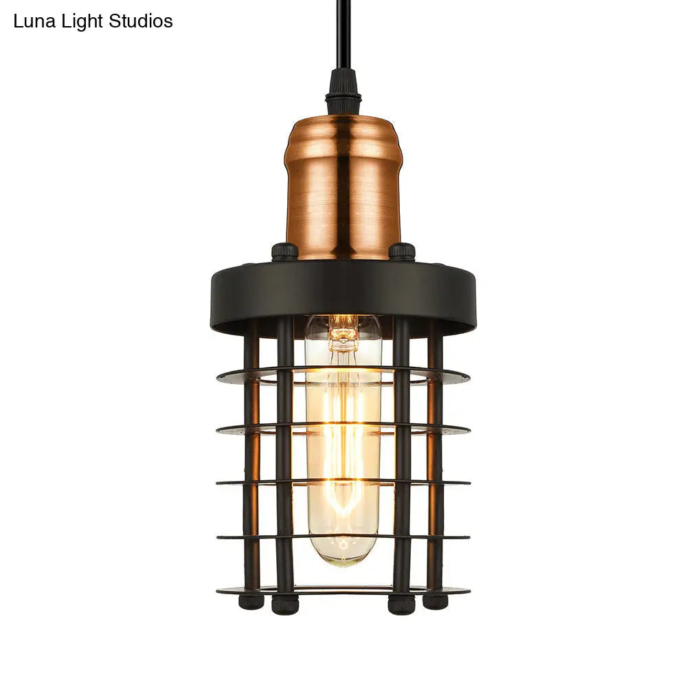 Iron Cylindrical Ceiling Fixture Retro Industrial Hanging Lamp With Wire Cage Shade
