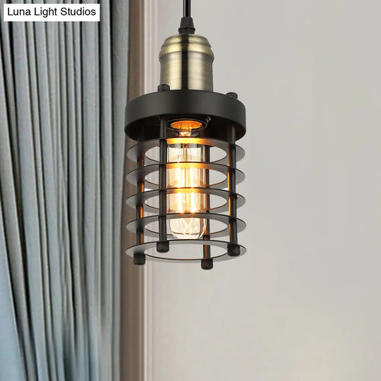 Iron Cylindrical Ceiling Fixture Retro Industrial Hanging Lamp With Wire Cage Shade Antique Brass