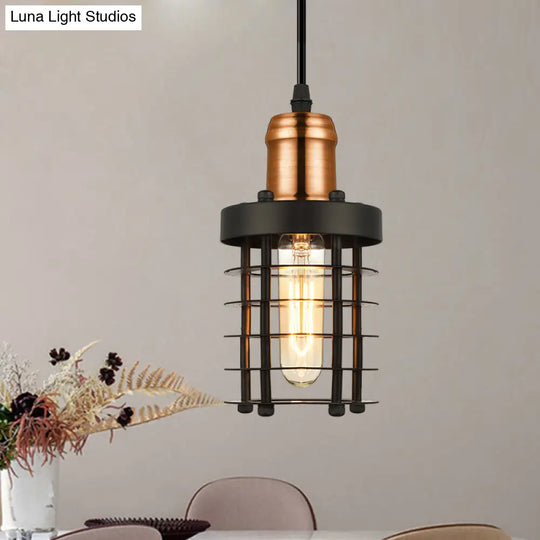 Iron Cylindrical Ceiling Fixture Retro Industrial Hanging Lamp With Wire Cage Shade Copper