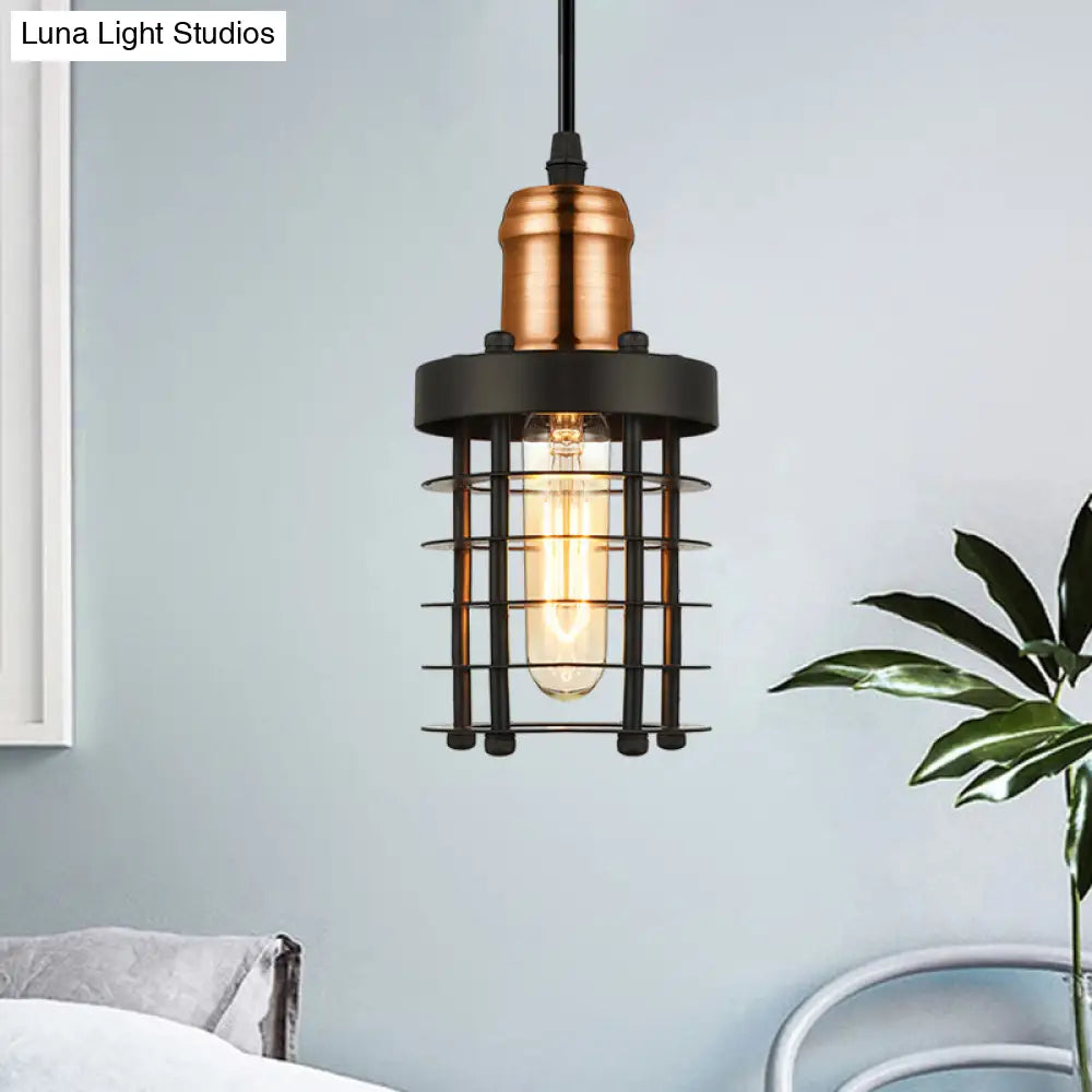 Iron Cylindrical Ceiling Fixture Retro Industrial Hanging Lamp With Wire Cage Shade