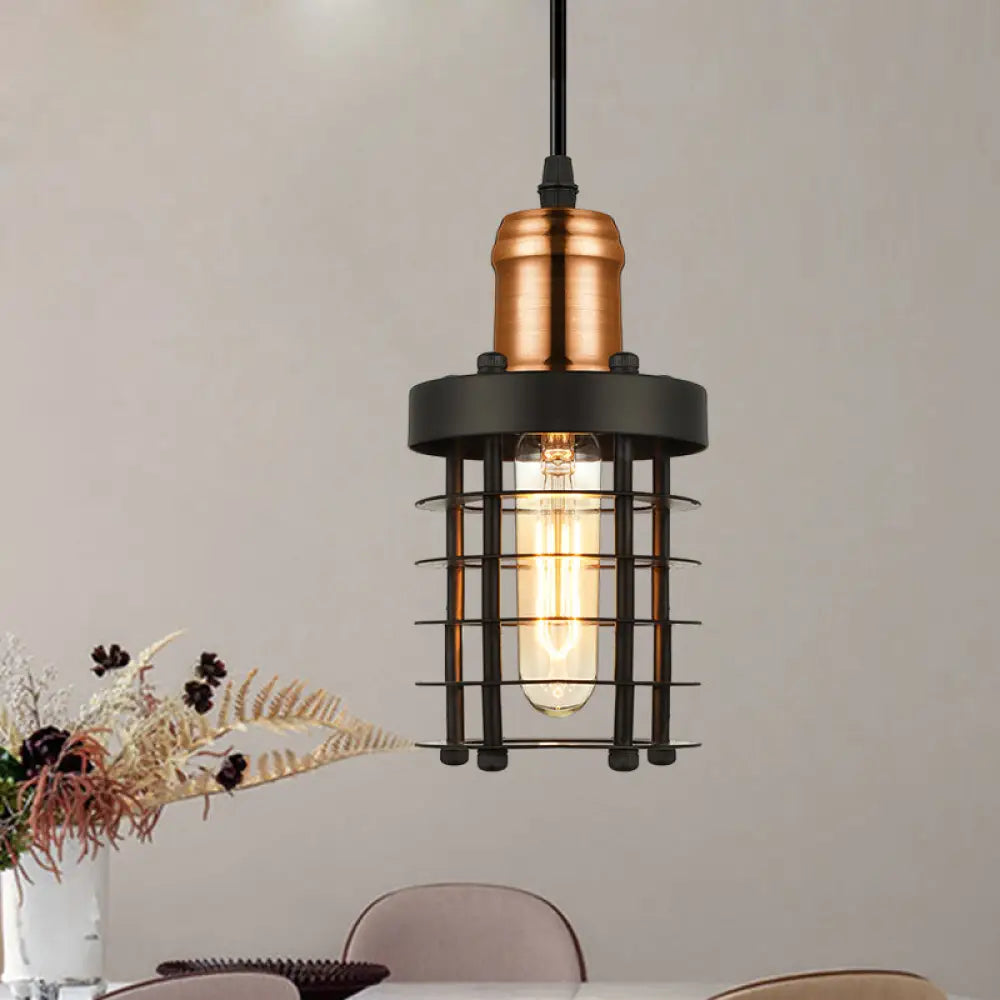 Copper/Aged Brass Ceiling Lamp With Retro Industrial Look & Wire Cage Shade Copper