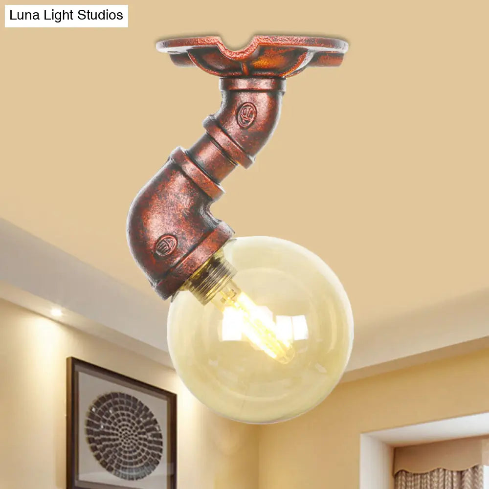 Copper Antique Global Semi Flush Lighting: Amber Glass Led Close To Ceiling Lamp / D