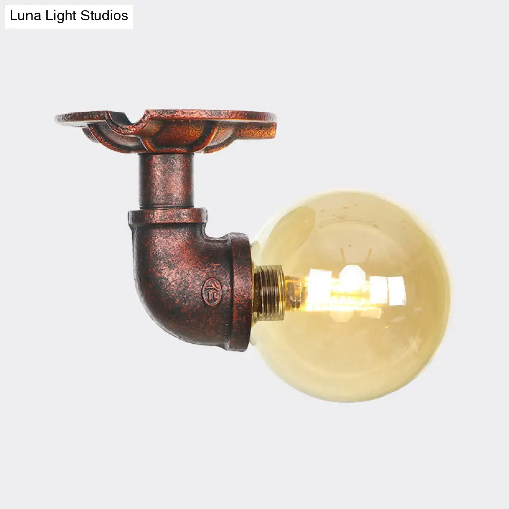 Copper Antique Global Semi Flush Lighting: Amber Glass Led Close To Ceiling Lamp