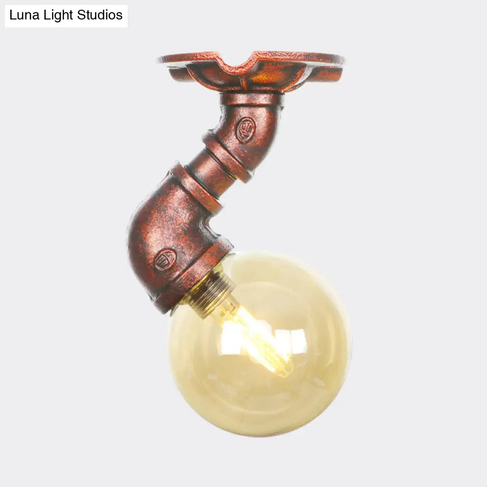 Copper Antique Global Semi Flush Lighting: Amber Glass Led Close To Ceiling Lamp