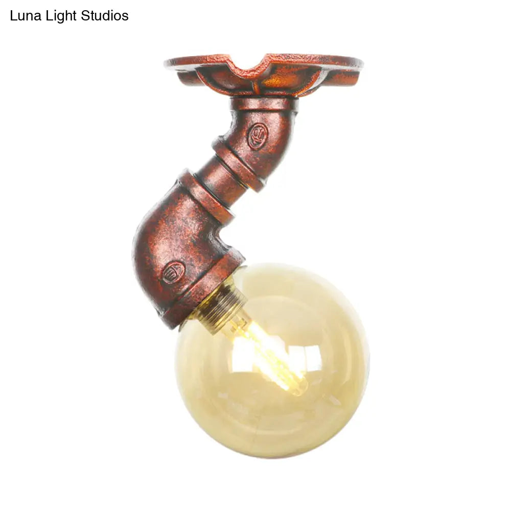 Copper Antique Global Semi Flush Lighting: Amber Glass Led Close To Ceiling Lamp