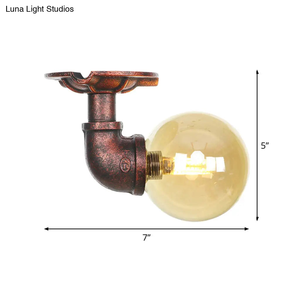 Copper Antique Global Semi Flush Lighting: Amber Glass Led Close To Ceiling Lamp