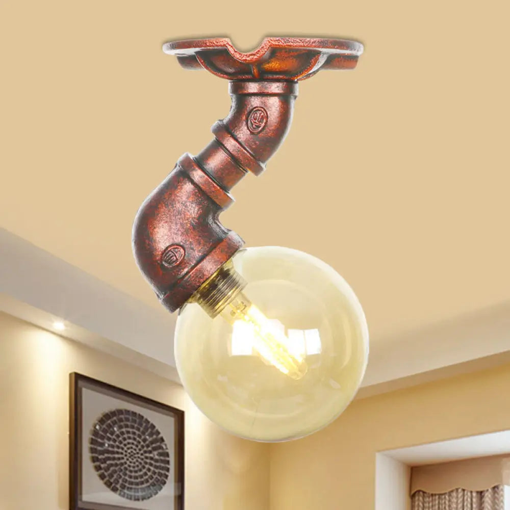 Copper Antique Global Semi Flush Lighting: Amber Glass Led Close To Ceiling Lamp / D
