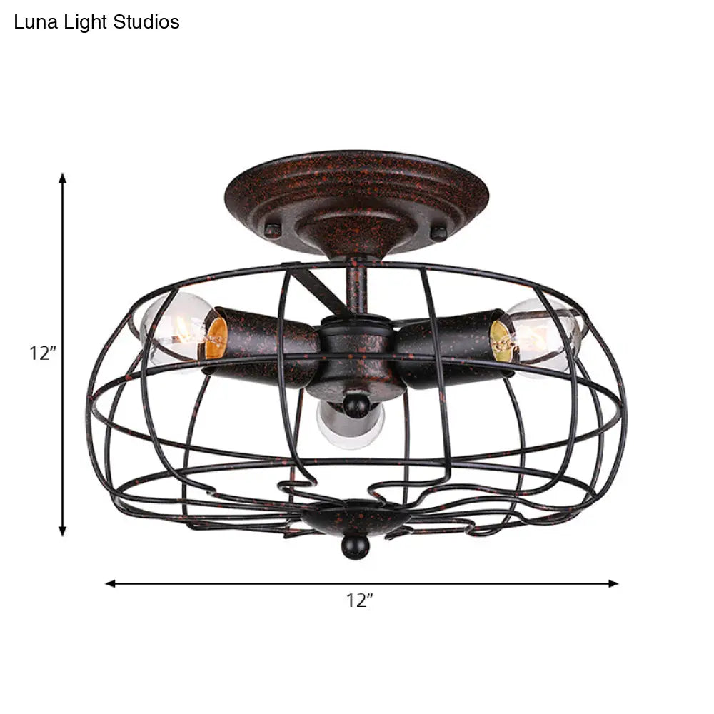 Copper Fan Wall Sconce With Wrought Iron Cage Shade - Antique Style Indoor Lighting 3 Lights