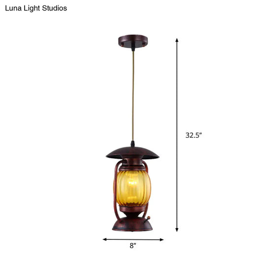 Copper 1-Light Farmhouse Pendant With Amber Ribbed Glass - Ceiling Hang Lamp For Table