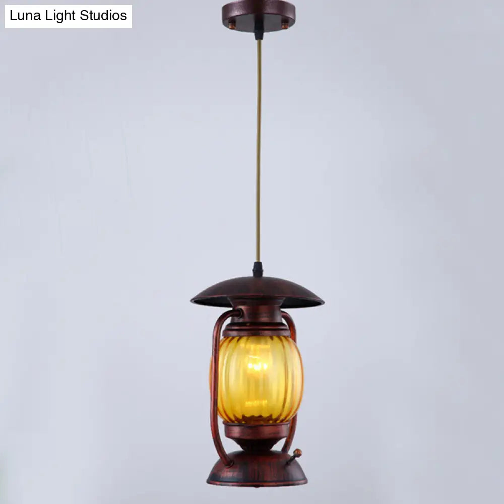 Copper 1-Light Farmhouse Pendant With Amber Ribbed Glass - Ceiling Hang Lamp For Table