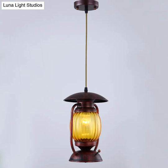 Copper 1-Light Farmhouse Pendant With Amber Ribbed Glass - Ceiling Hang Lamp For Table