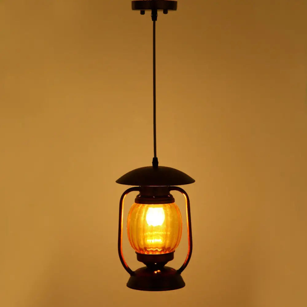 Copper Farmhouse Amber Glass Lantern Pendant Light