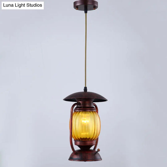 Copper Farmhouse Amber Glass Lantern Pendant Light