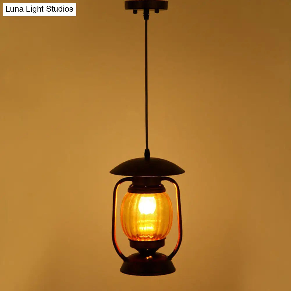 Copper 1-Light Farmhouse Pendant With Amber Ribbed Glass - Ceiling Hang Lamp For Table