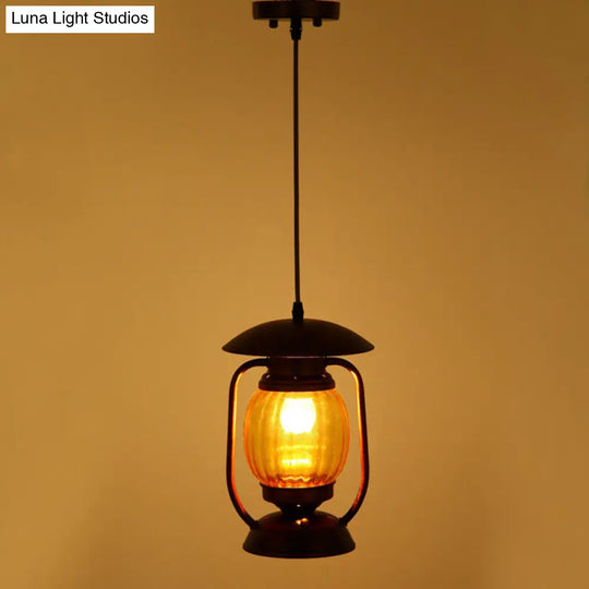 Copper 1-Light Farmhouse Pendant With Amber Ribbed Glass - Ceiling Hang Lamp For Table