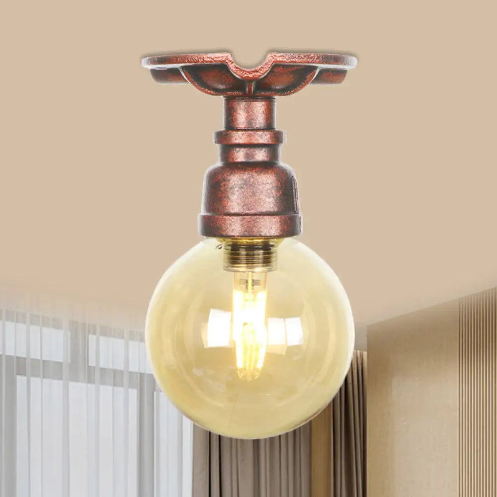 Copper Finish Semi Flush Mount Vintage Ceiling Lamp With Amber Glass Orb / B