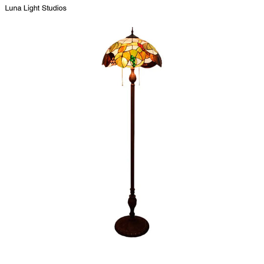 Copper Floor Lamp With Scalloped Cut Glass & Mediterranean Leaf And Grape Pattern - 3 Bulbs