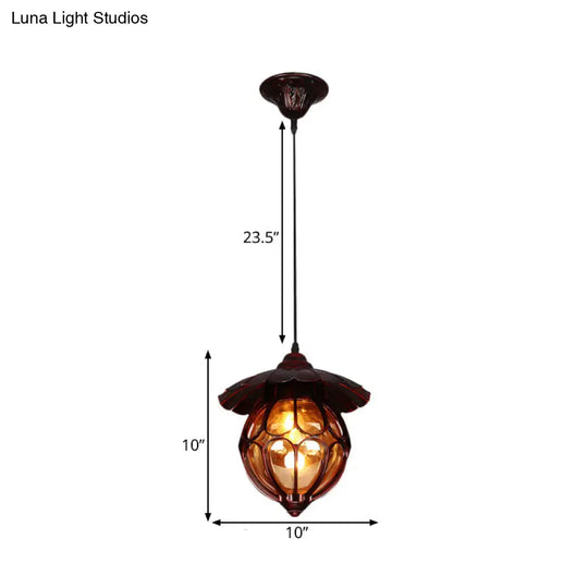 Copper Globe Pendant Light With Amber Glass And Scalloped Deco - Farmhouse Style