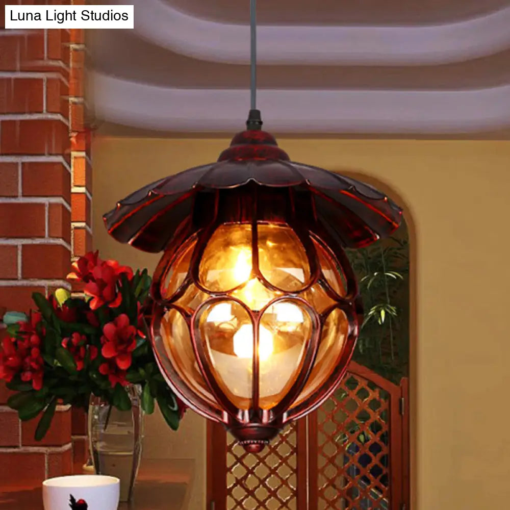 Copper Globe Pendant Light With Amber Glass And Scalloped Deco - Farmhouse Style