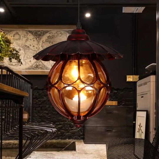 Copper Globe Pendant Light With Amber Glass And Scalloped Deco - Farmhouse Style