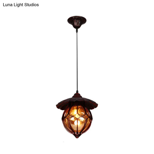 Copper Globe Pendant Light With Amber Glass And Scalloped Deco - Farmhouse Style