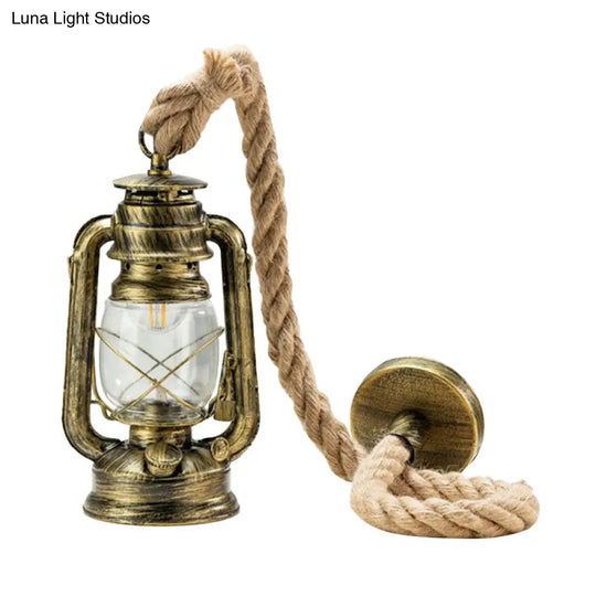 Coastal Clear Glass Kerosene Hanging Lamp With Rope Cord - Copper/Gold/Bronze 1 Bulb Bedside
