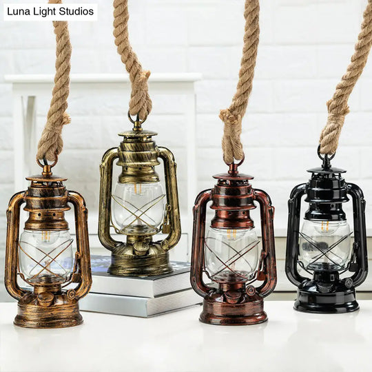 Coastal Clear Glass Kerosene Hanging Lamp With Rope Cord - Copper/Gold/Bronze 1 Bulb Bedside