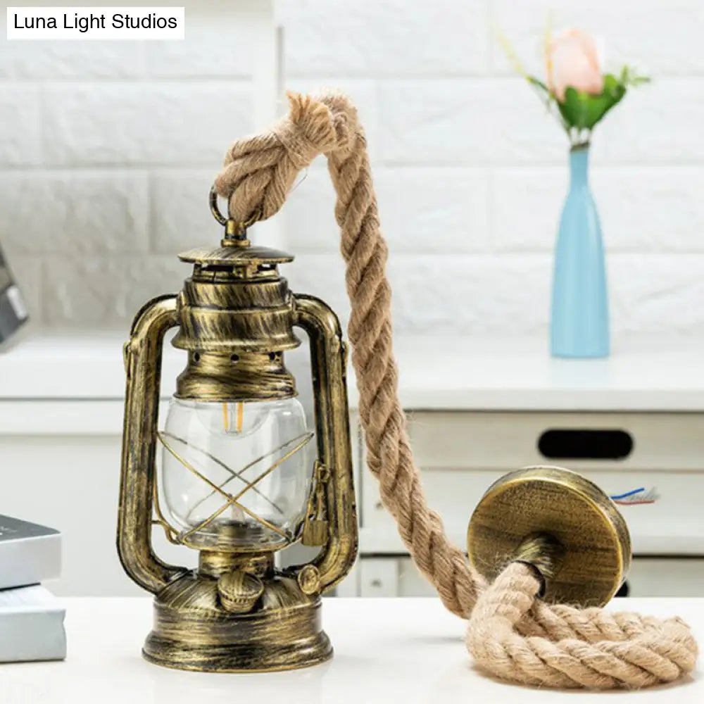 Coastal Clear Glass Kerosene Hanging Lamp With Rope Cord - Copper/Gold/Bronze 1 Bulb Bedside