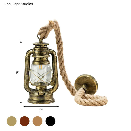 Coastal Clear Glass Kerosene Hanging Lamp With Rope Cord - Copper/Gold/Bronze 1 Bulb Bedside