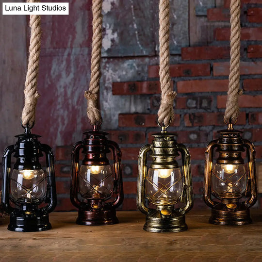 Coastal Clear Glass Kerosene Hanging Lamp With Rope Cord - Copper/Gold/Bronze 1 Bulb Bedside