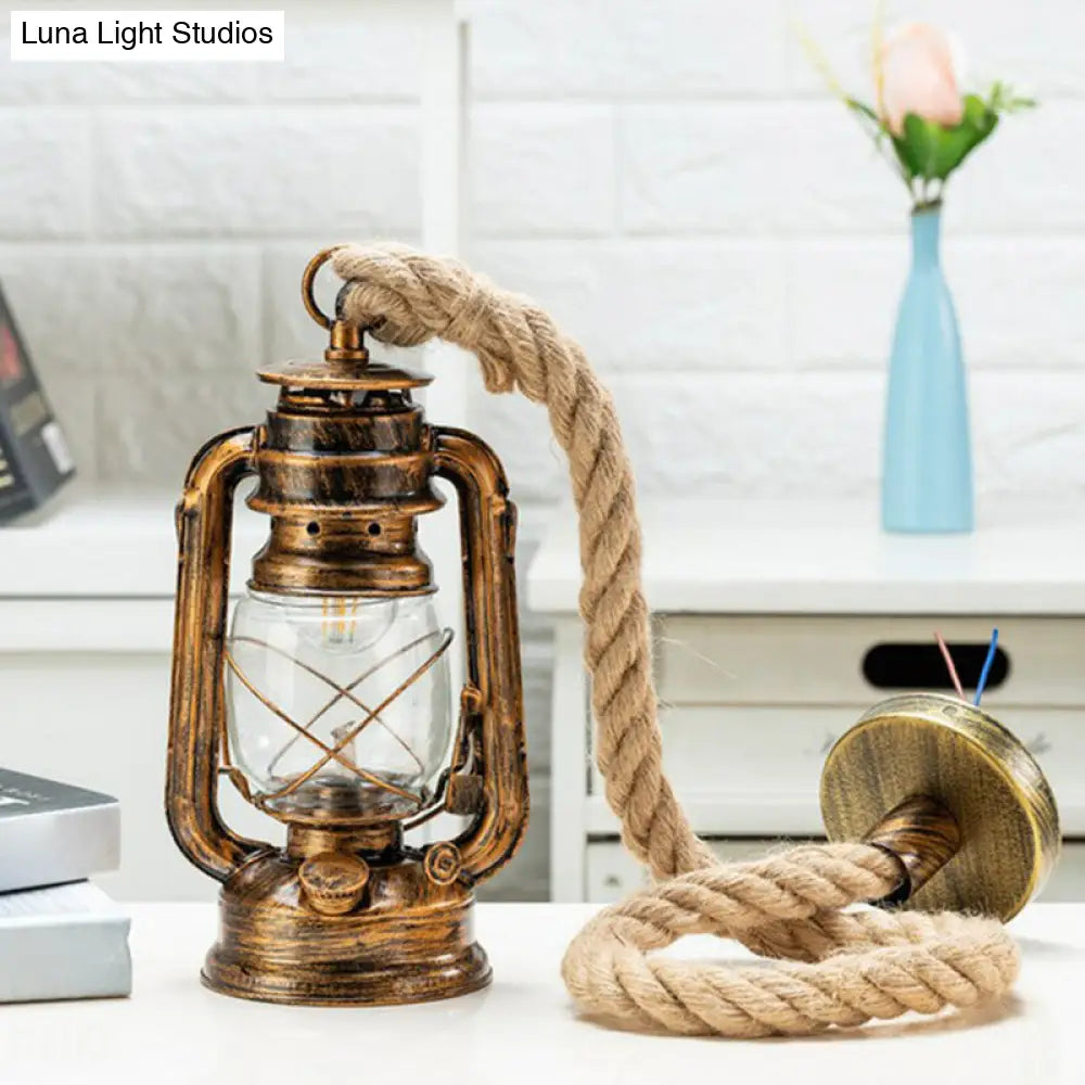 Coastal Clear Glass Kerosene Hanging Lamp With Rope Cord - Copper/Gold/Bronze 1 Bulb Bedside