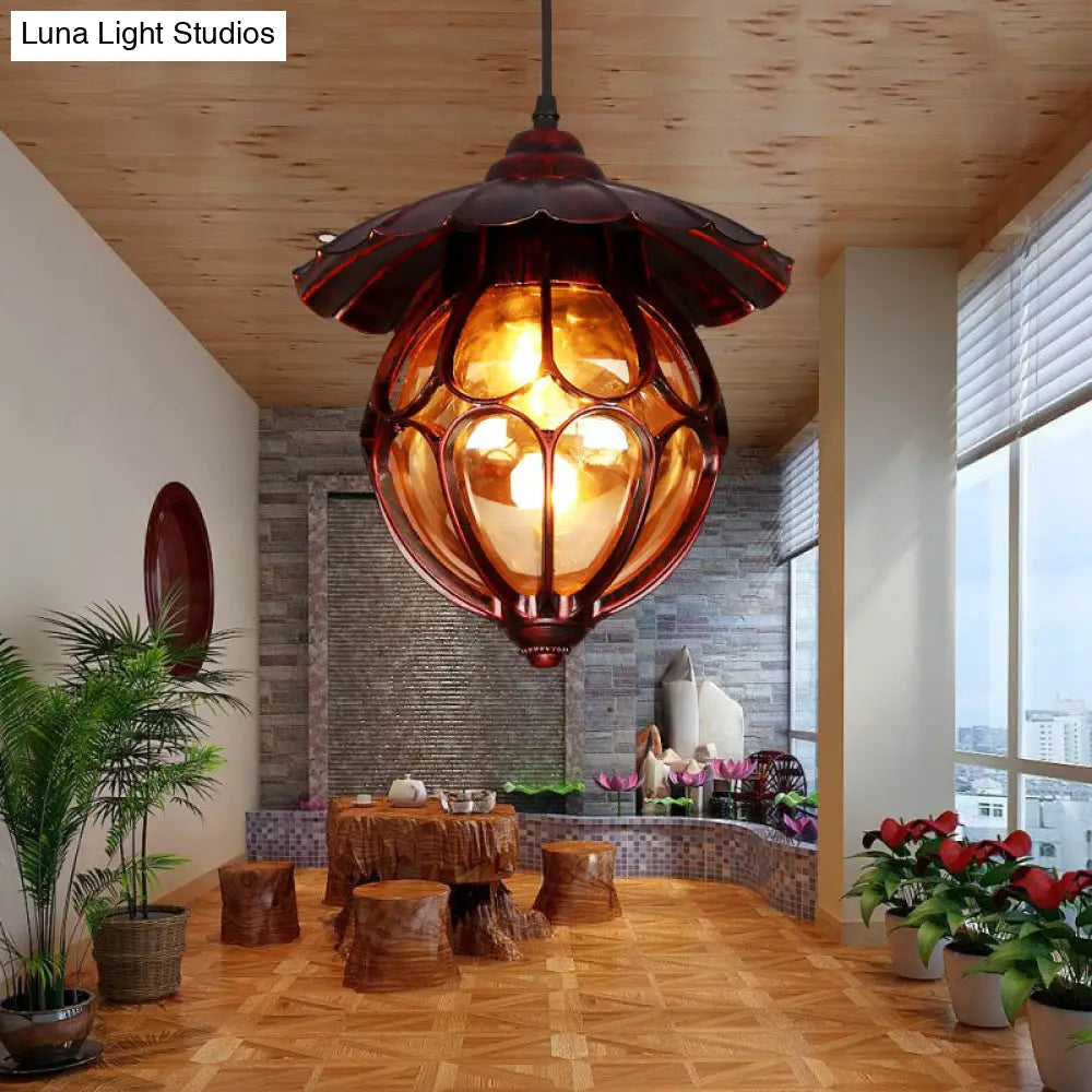 Copper Pendant Light With Cognac Glass Shade And Adjustable Chain / Globe