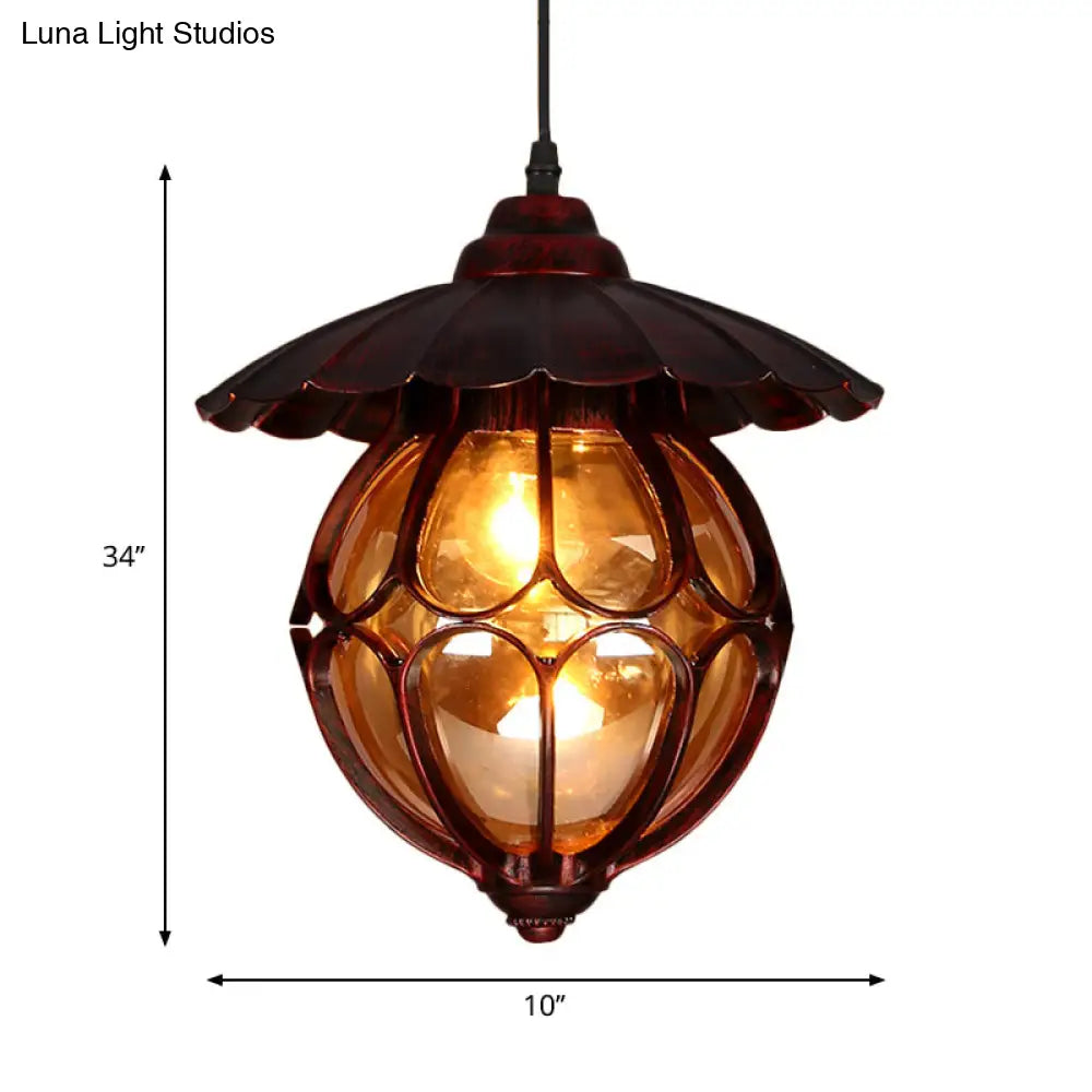 Copper Industrial Global/Ring Pendant Light With Cognac Glass Shade Adjustable 23.5’ Chain -