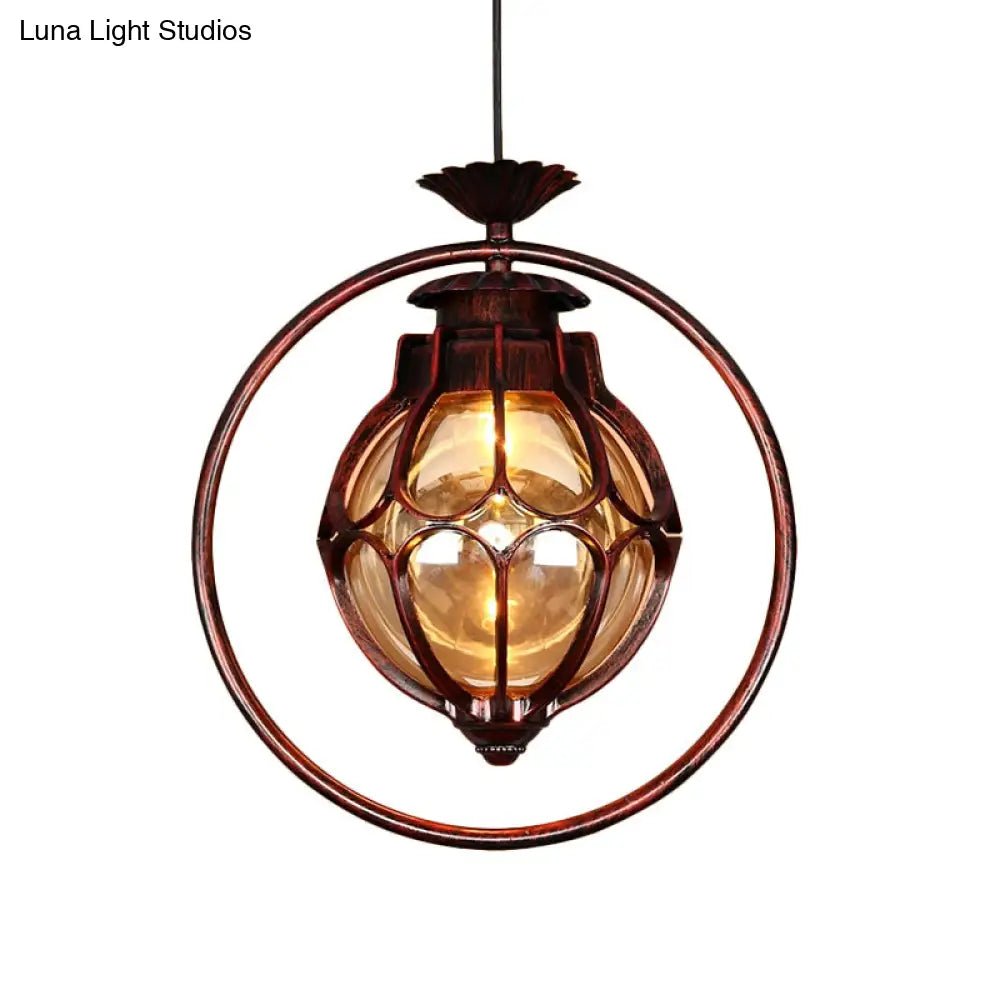 Copper Industrial Global/Ring Pendant Light With Cognac Glass Shade Adjustable 23.5’ Chain -