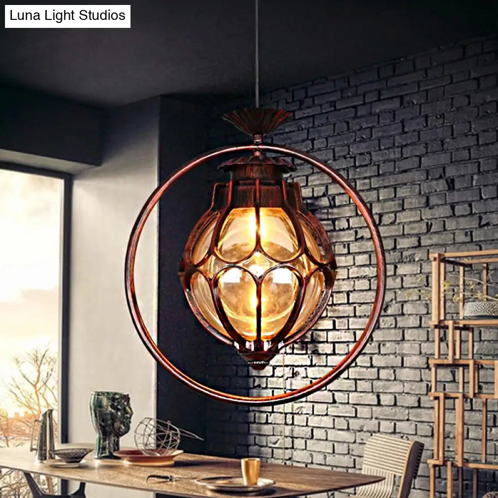 Copper Industrial Global/Ring Pendant Light With Cognac Glass Shade Adjustable 23.5’ Chain -