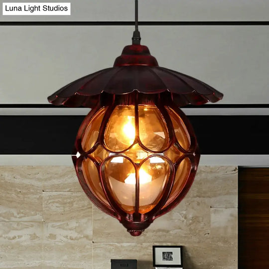 Copper Industrial Global/Ring Pendant Light With Cognac Glass Shade Adjustable 23.5’ Chain -