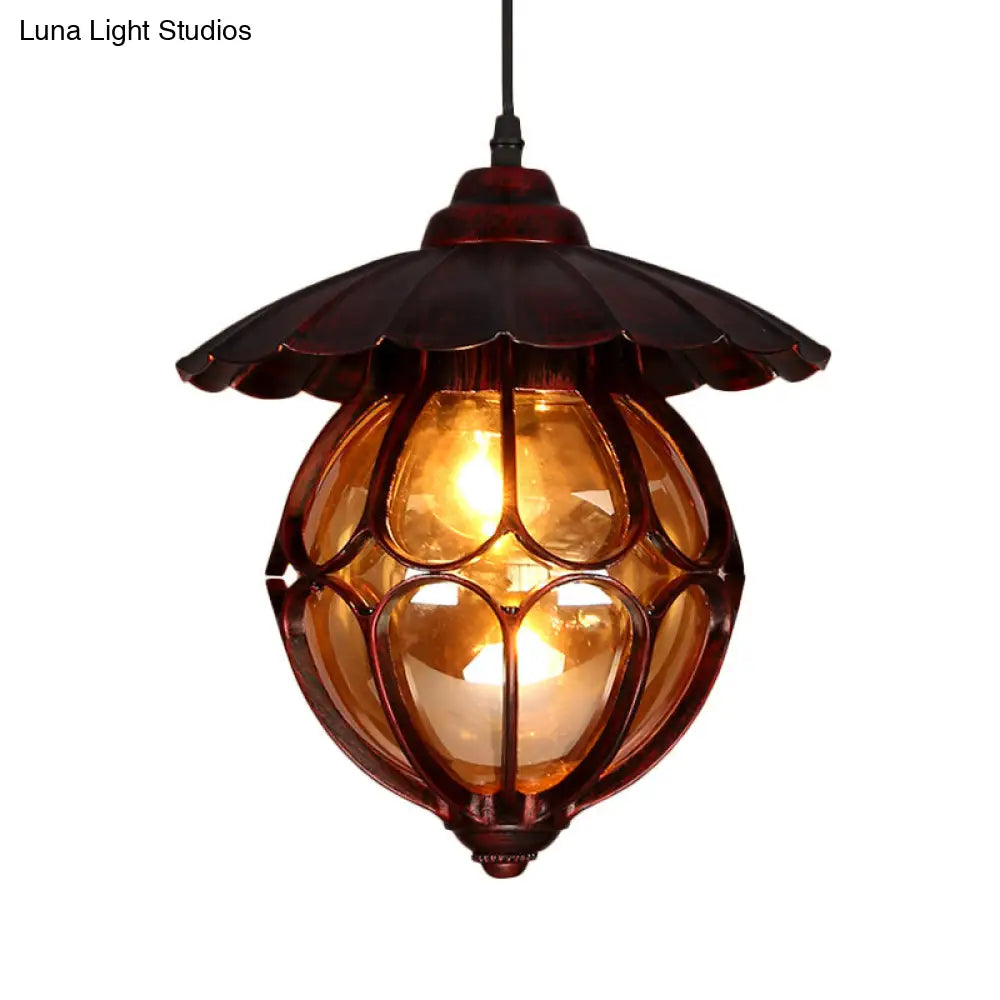 Copper Industrial Global/Ring Pendant Light With Cognac Glass Shade Adjustable 23.5’ Chain -