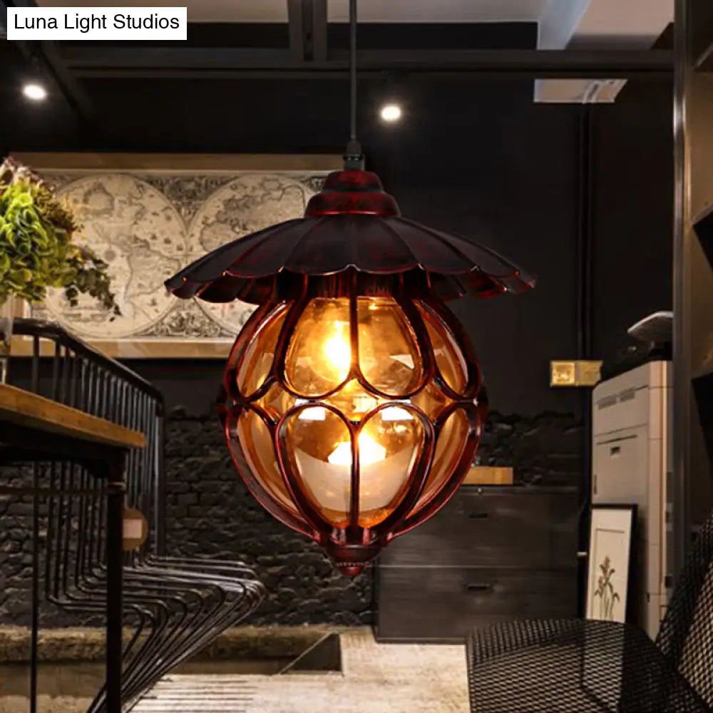 Copper Industrial Global/Ring Pendant Light With Cognac Glass Shade Adjustable 23.5’ Chain -