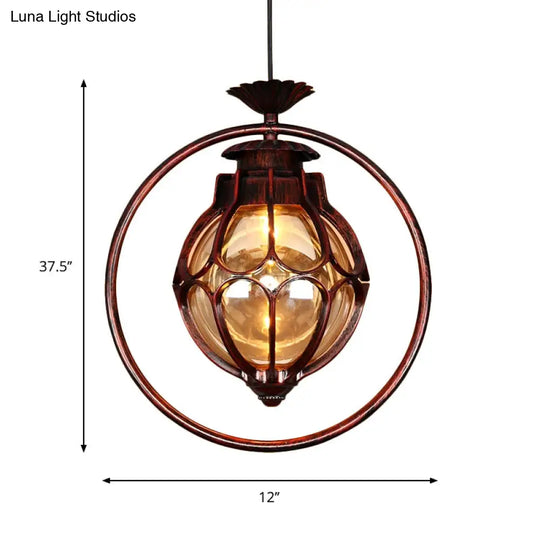 Copper Industrial Global/Ring Pendant Light With Cognac Glass Shade Adjustable 23.5’ Chain -