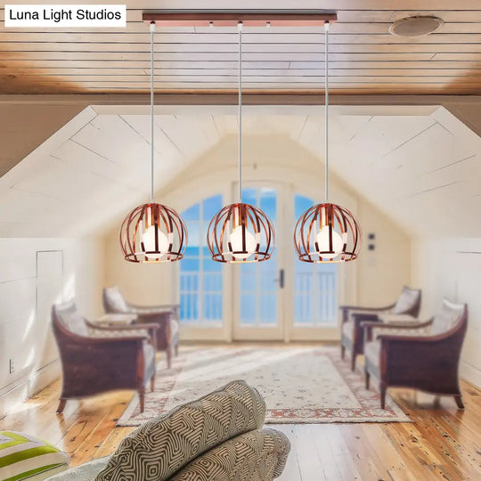 Copper Industrial Pendant Lamp With 3 Metal Dome Shades And Wire Cage - Perfect For Living Room