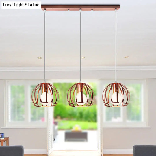 Industrial Copper Domed Metal Hanging Lamp With Wire Cage Shade - 3 Heads Ceiling Pendant For Living