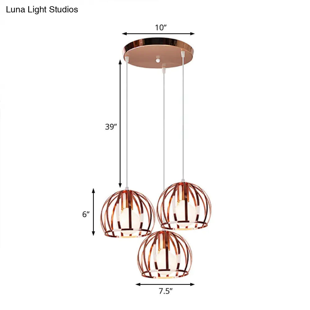 Copper Industrial Pendant Lamp With 3 Metal Dome Shades And Wire Cage - Perfect For Living Room