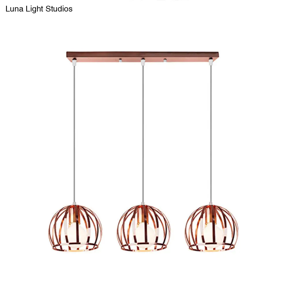 Industrial Copper Domed Metal Hanging Lamp With Wire Cage Shade - 3 Heads Ceiling Pendant For Living