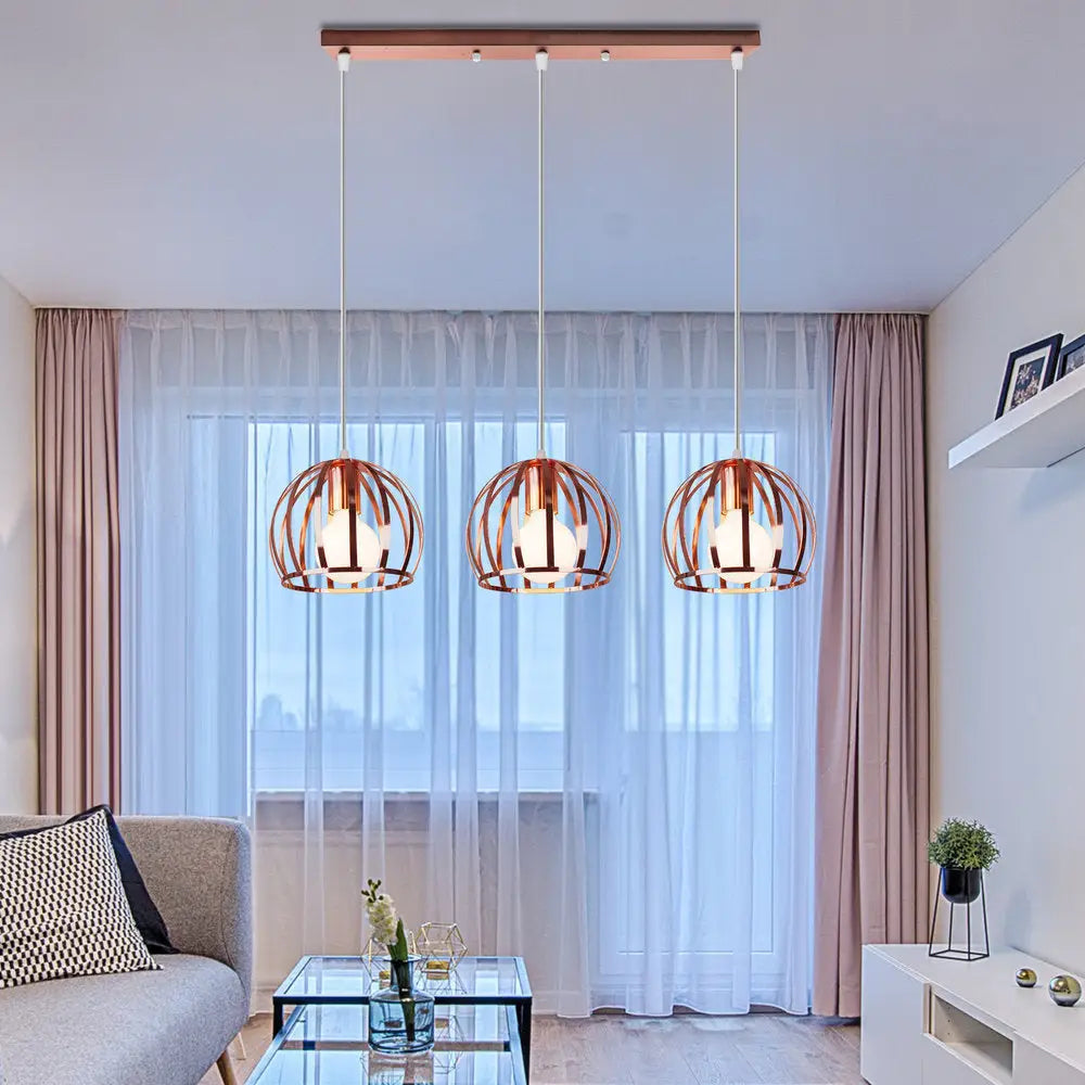 Copper Industrial Pendant Lamp With 3 Metal Dome Shades And Wire Cage - Perfect For Living Room