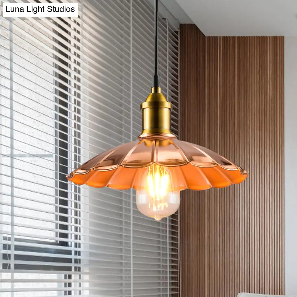 Copper Industrial Scalloped Pendant Lighting - 1 Light Metallic Hanging Lamp For Bedroom